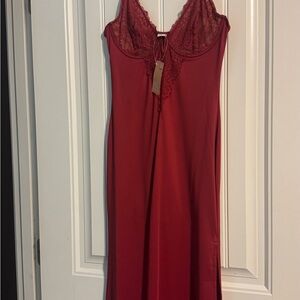Red Maxi Slip Dress W/ Lace V Necklace